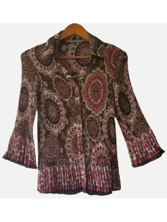 Signature By Larry Levine Crinkle Ruched 3/4 Bell Sleeve Vintage Blouse Sz Large - Picture 2 of 15